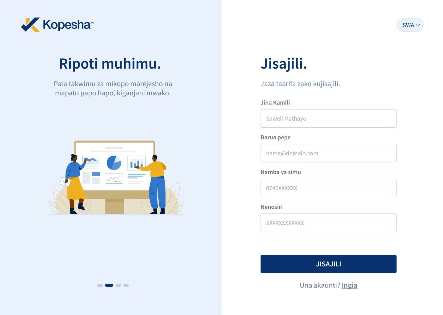 The Kopesha sign-up screen