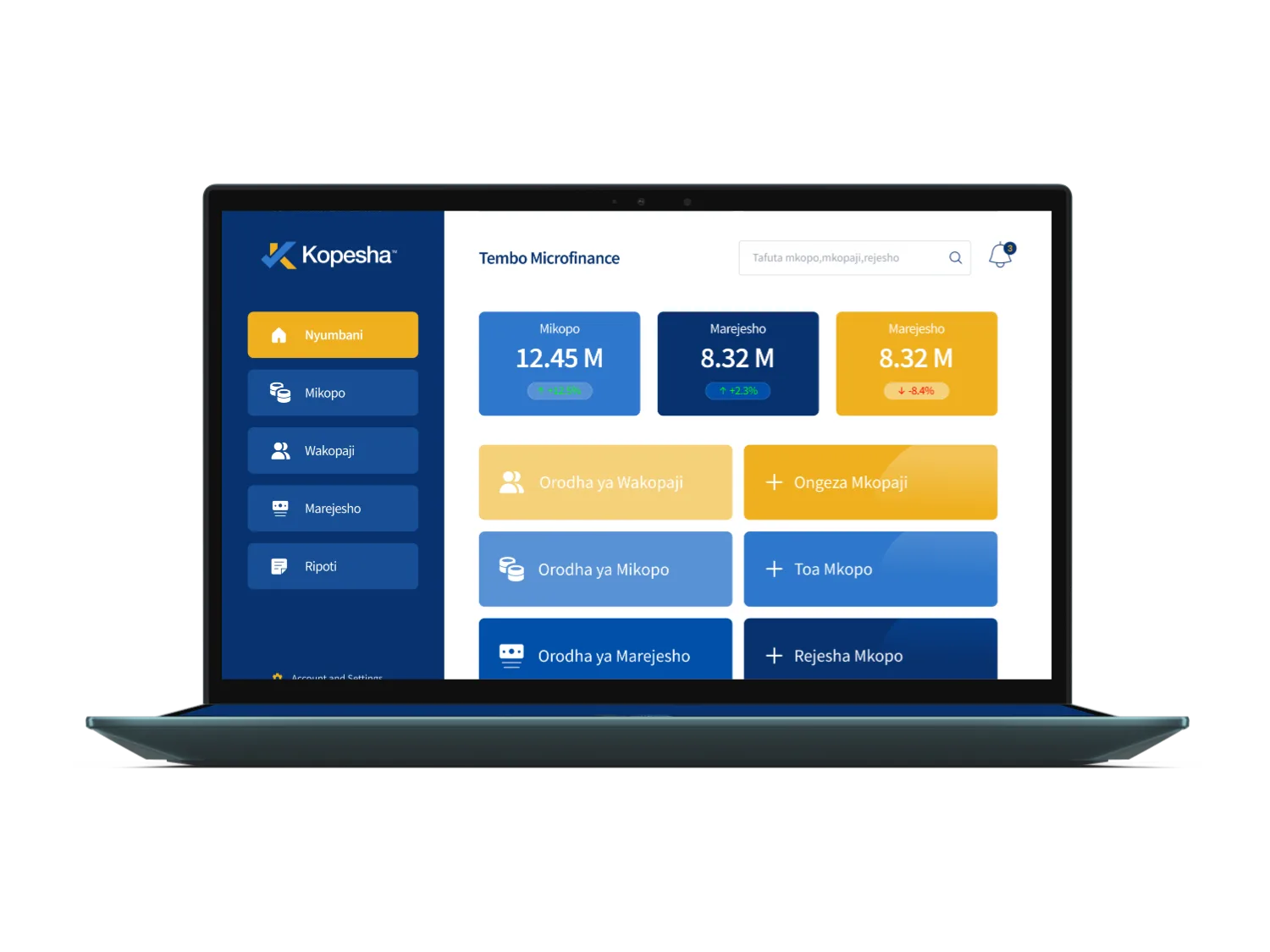 The Kopesha dashboard on a laptop